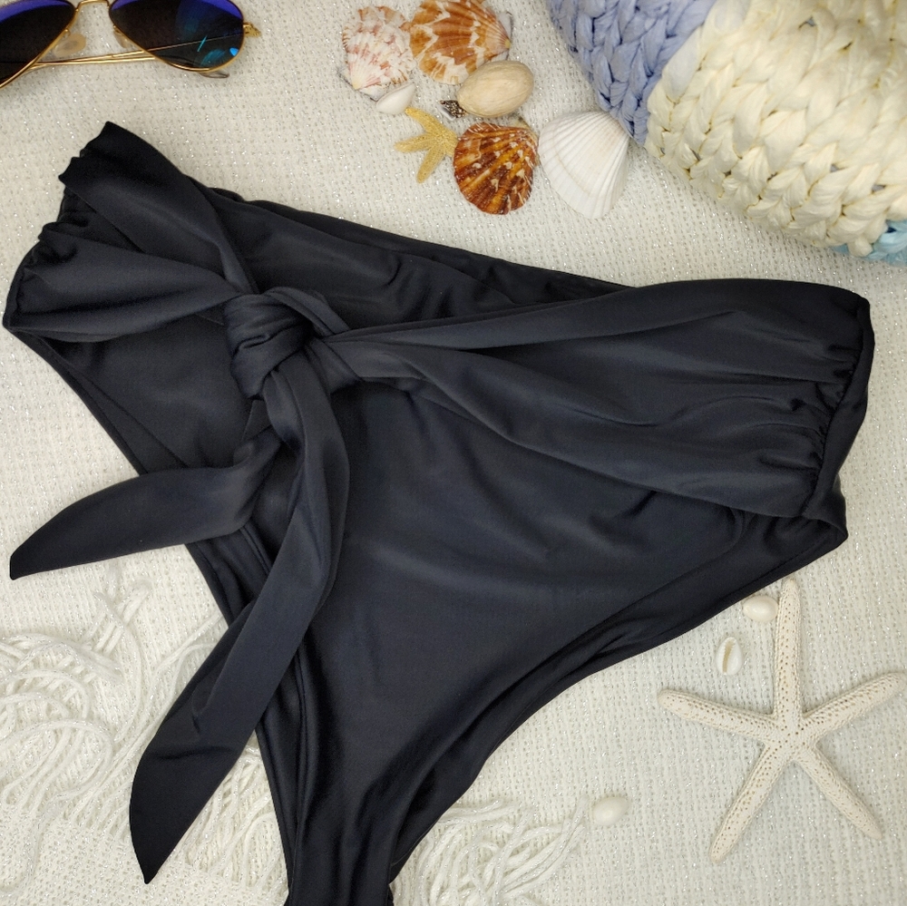 NWOT TIE HI CUT TIE FRONT BIKINI BOTTOM, BLACK L - Picture 3 of 6